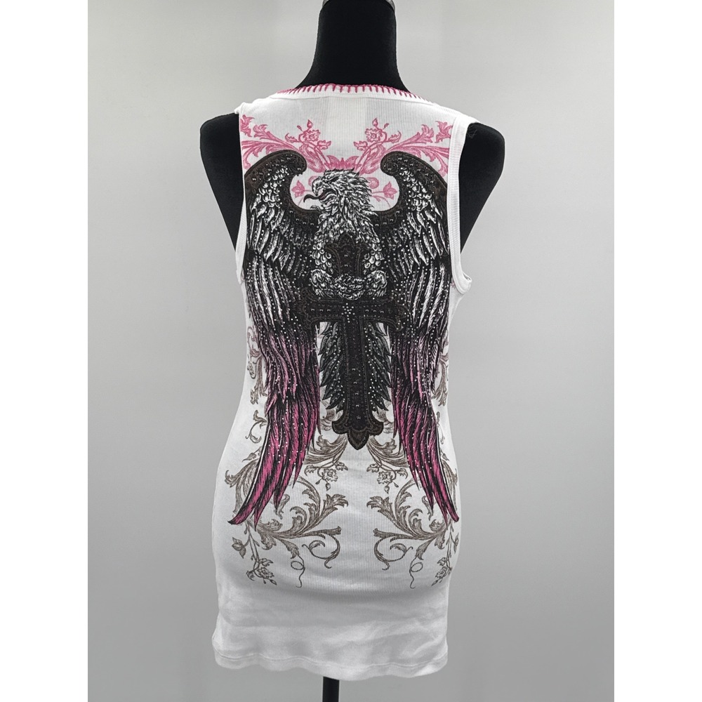 Vocal Womens Ribbed Tank Top White Pink Angel Wings Cross Rhinestone Y2K Large - Picture 5 of 8